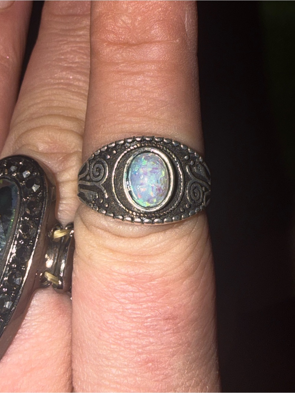 Sterling-Style Opal Oval Ring in Iridescent White